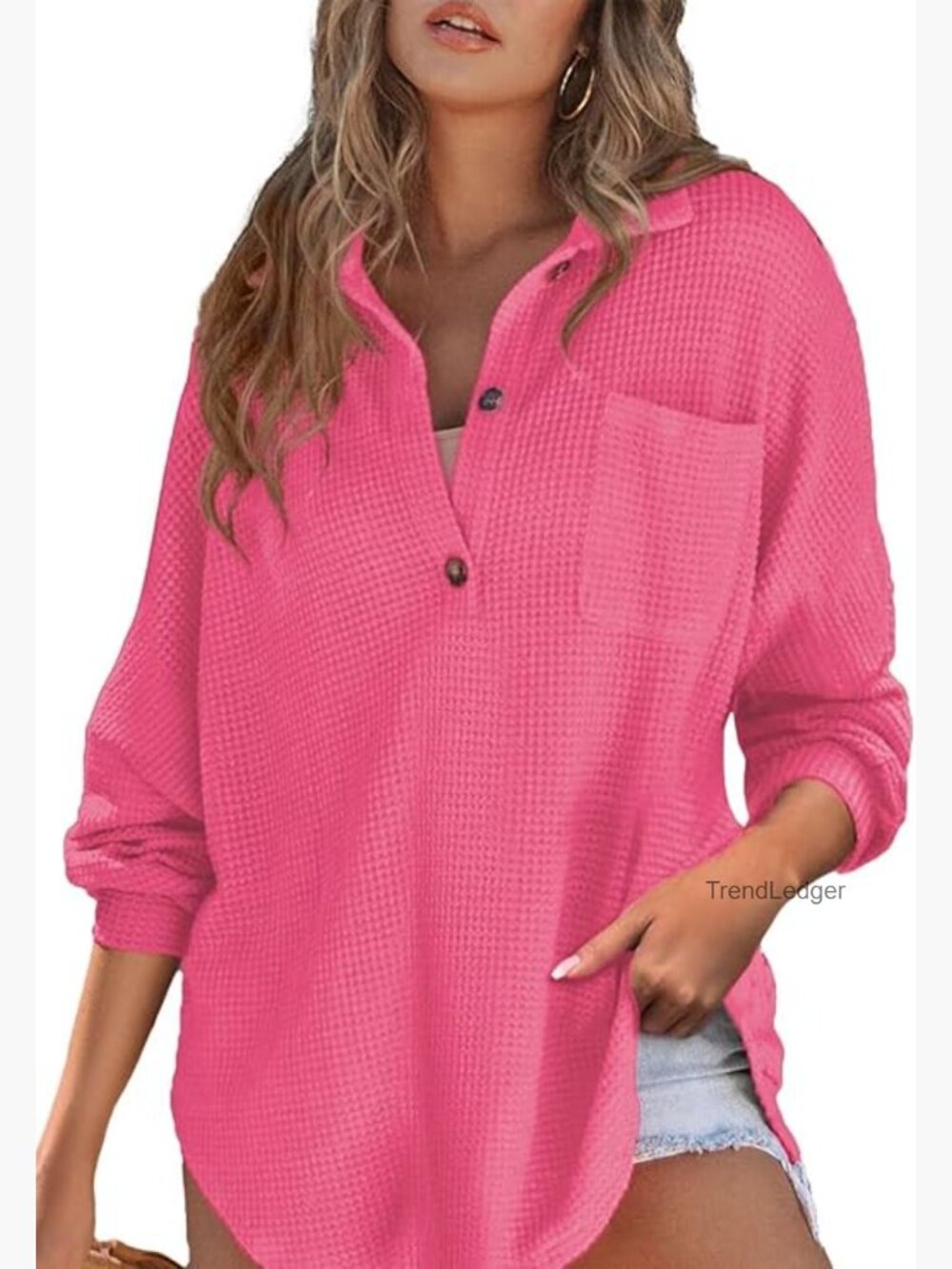 Oversized Waffle Knit Henley Tunic Long Sleeve V Neck Casual Top